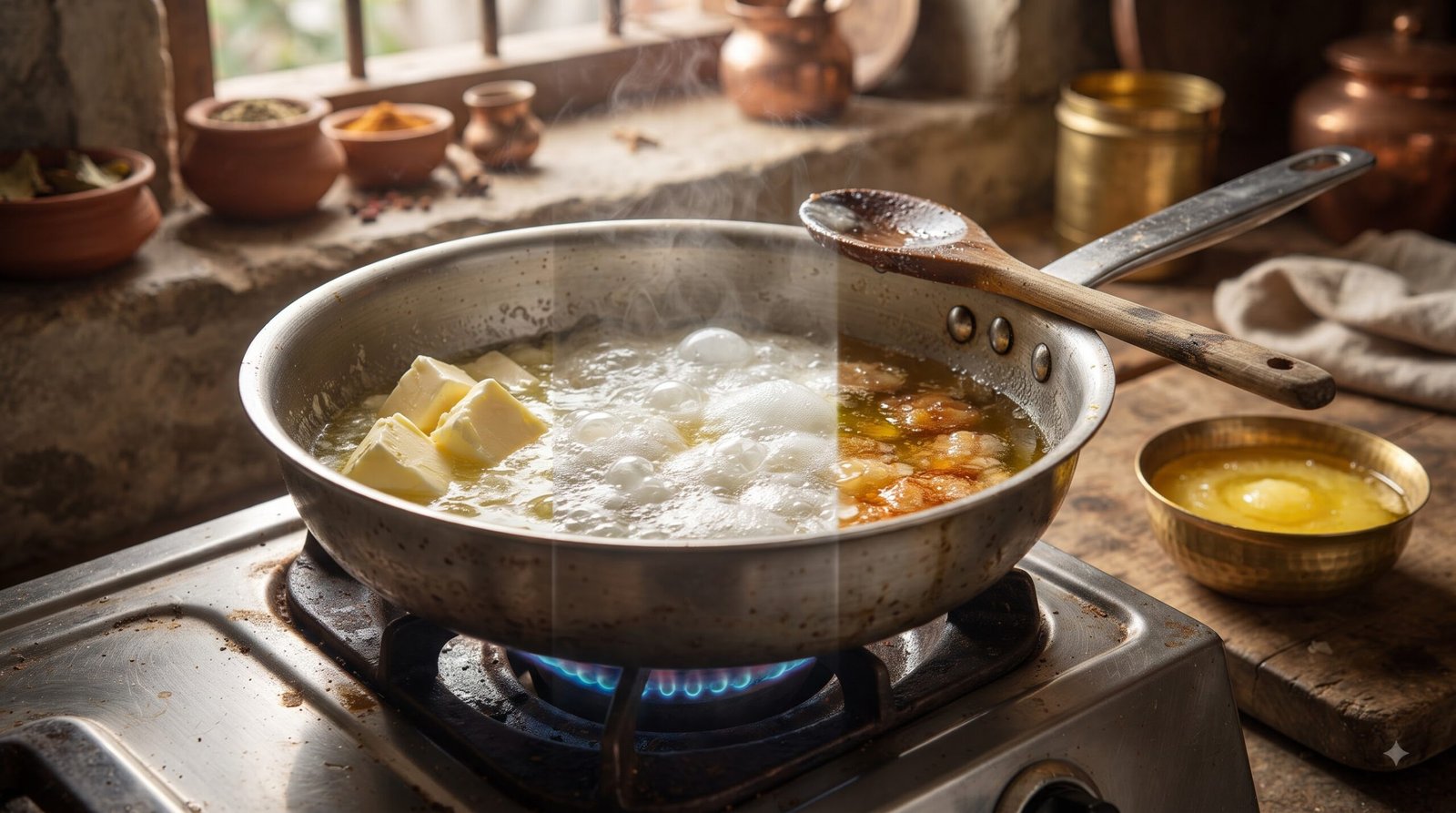 Butter slowly simmering and transforming into golden ghee in a heavy pan
