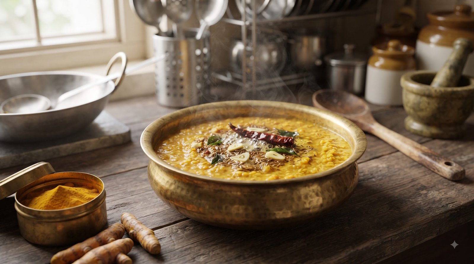 Yellow dal with turmeric being prepared in an Indian home kitchen