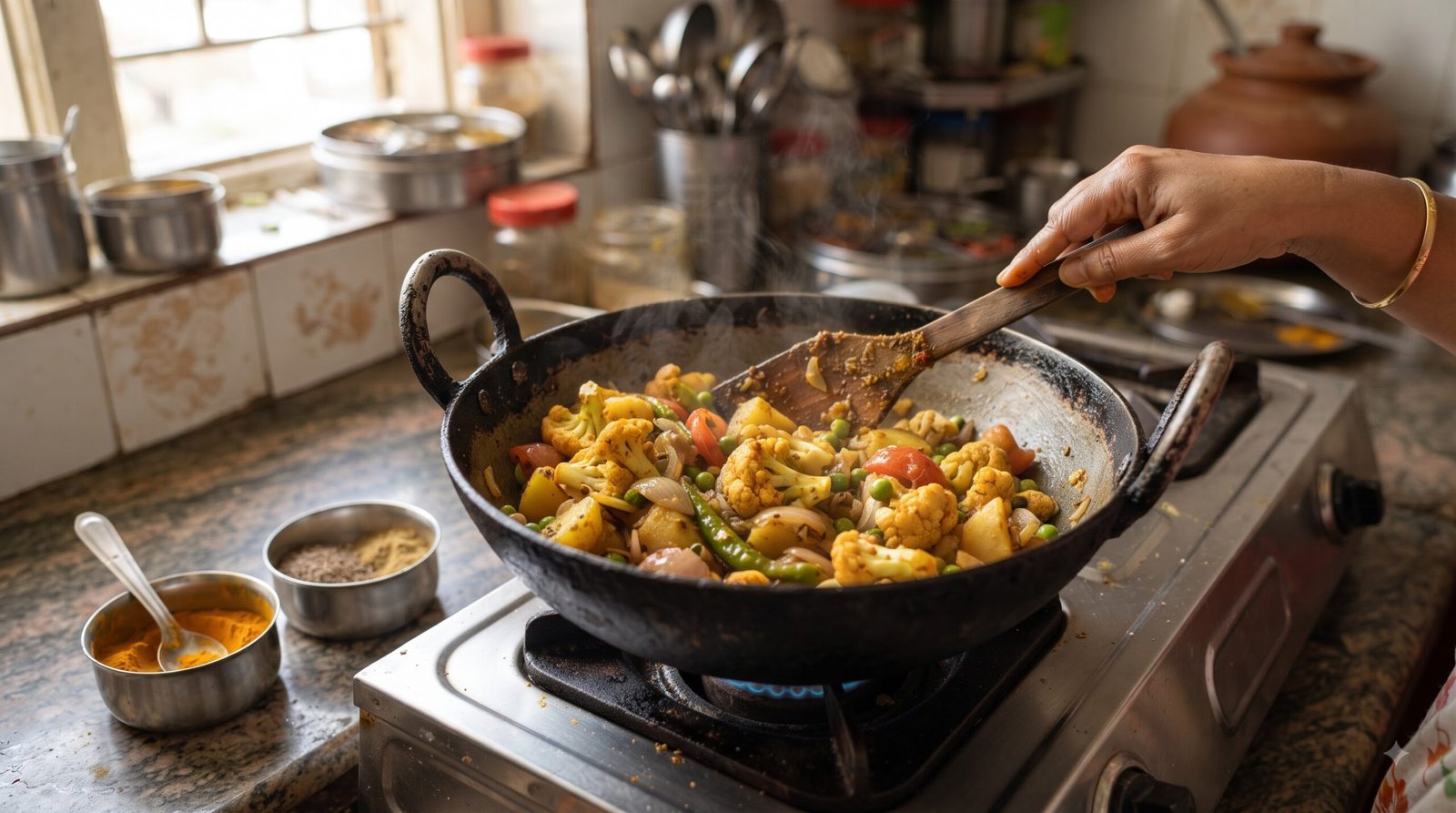 Everyday vegetable dish with turmeric cooking in a kadai