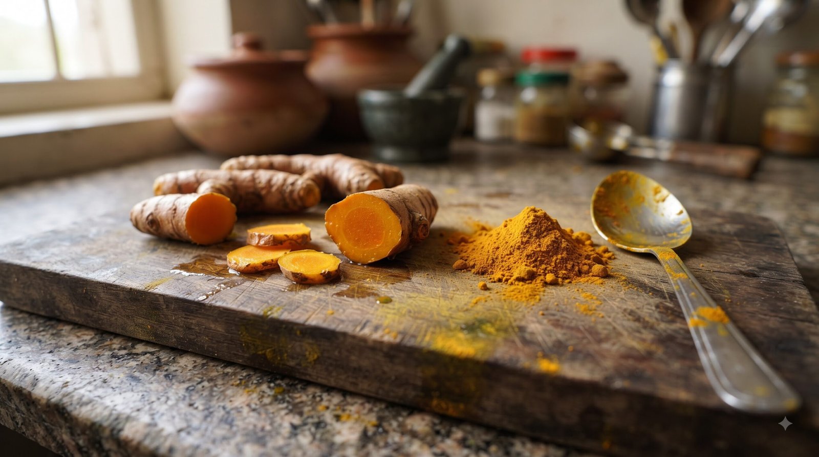 Fresh turmeric roots on a cutting board showing the bright stain