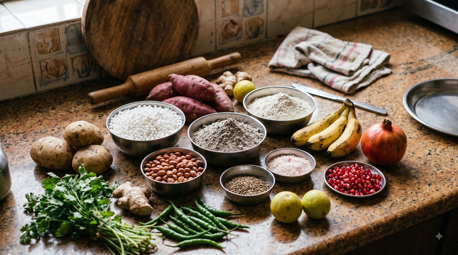 Navratri vrat ingredients including kuttu atta, sabudana, makhana and sendha namak