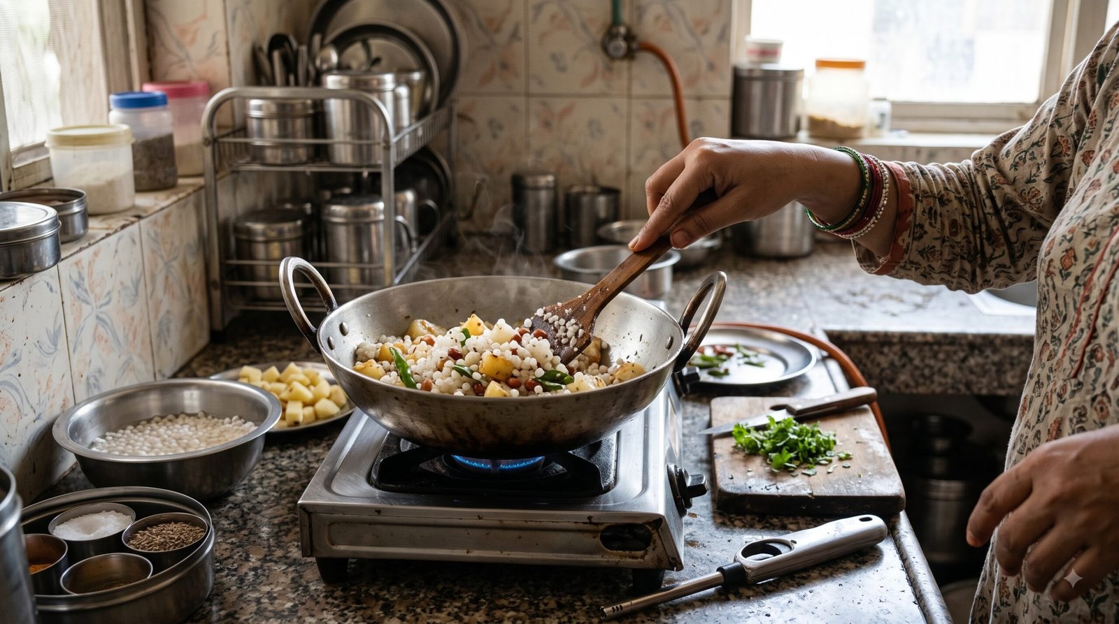 Preparing sabudana khichdi in a Delhi home kitchen