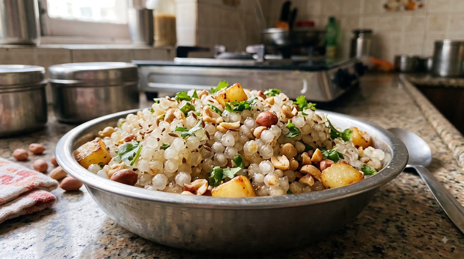 Sabudana khichdi Navratri fasting recipe with peanuts and green chilli