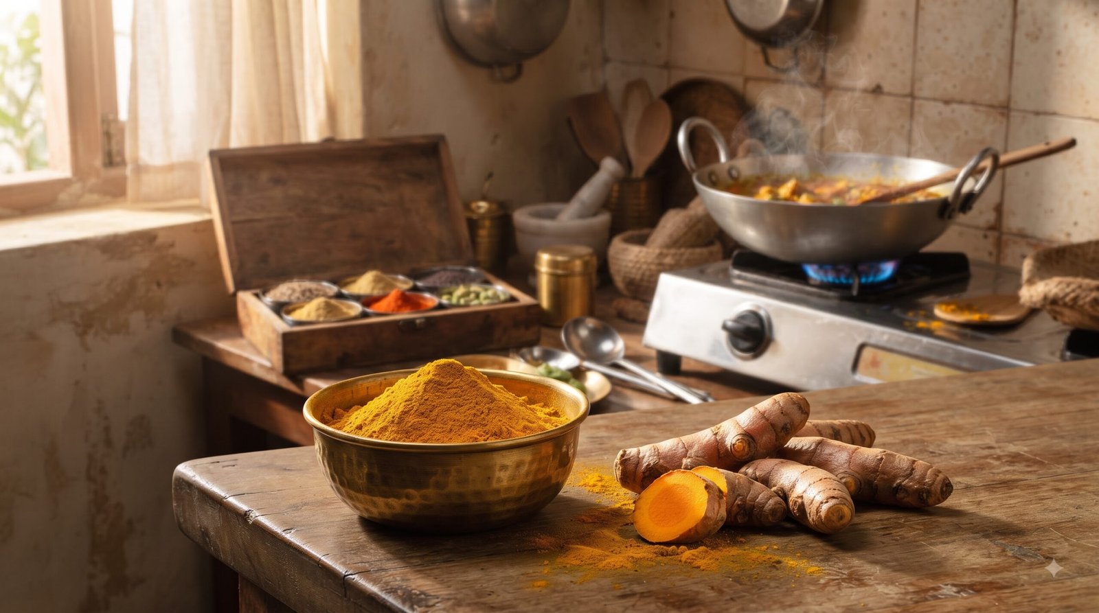Turmeric powder in a traditional Indian kitchen in Delhi